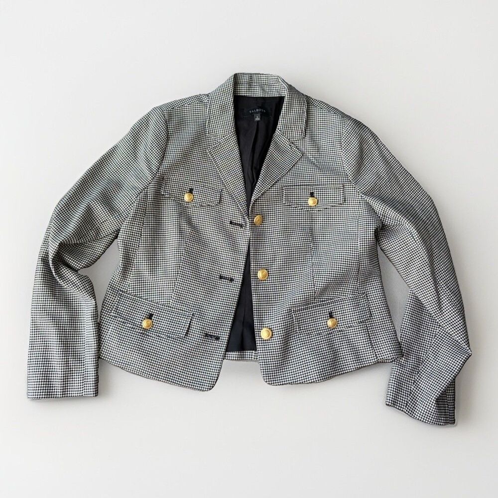 Talbots Houndstooth Blazer Gold Button Jacket Women Size 8 Black White Preppy